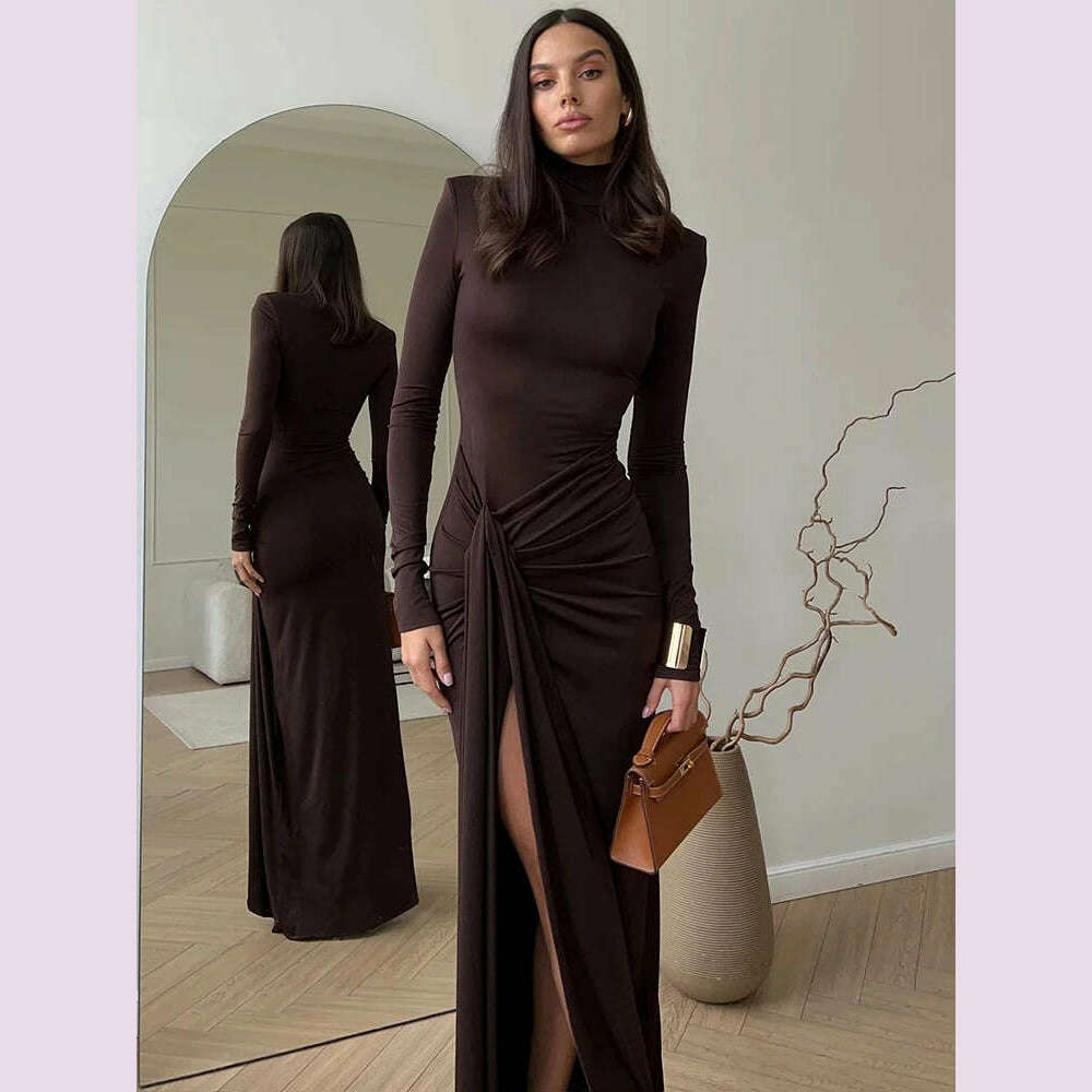 Mozision Turtleneck Thigh High Split Sexy Maxi Dress For Women Fashion Long Sleeve Draped Bandage Bodycon Club Long Dress - KIMLUD