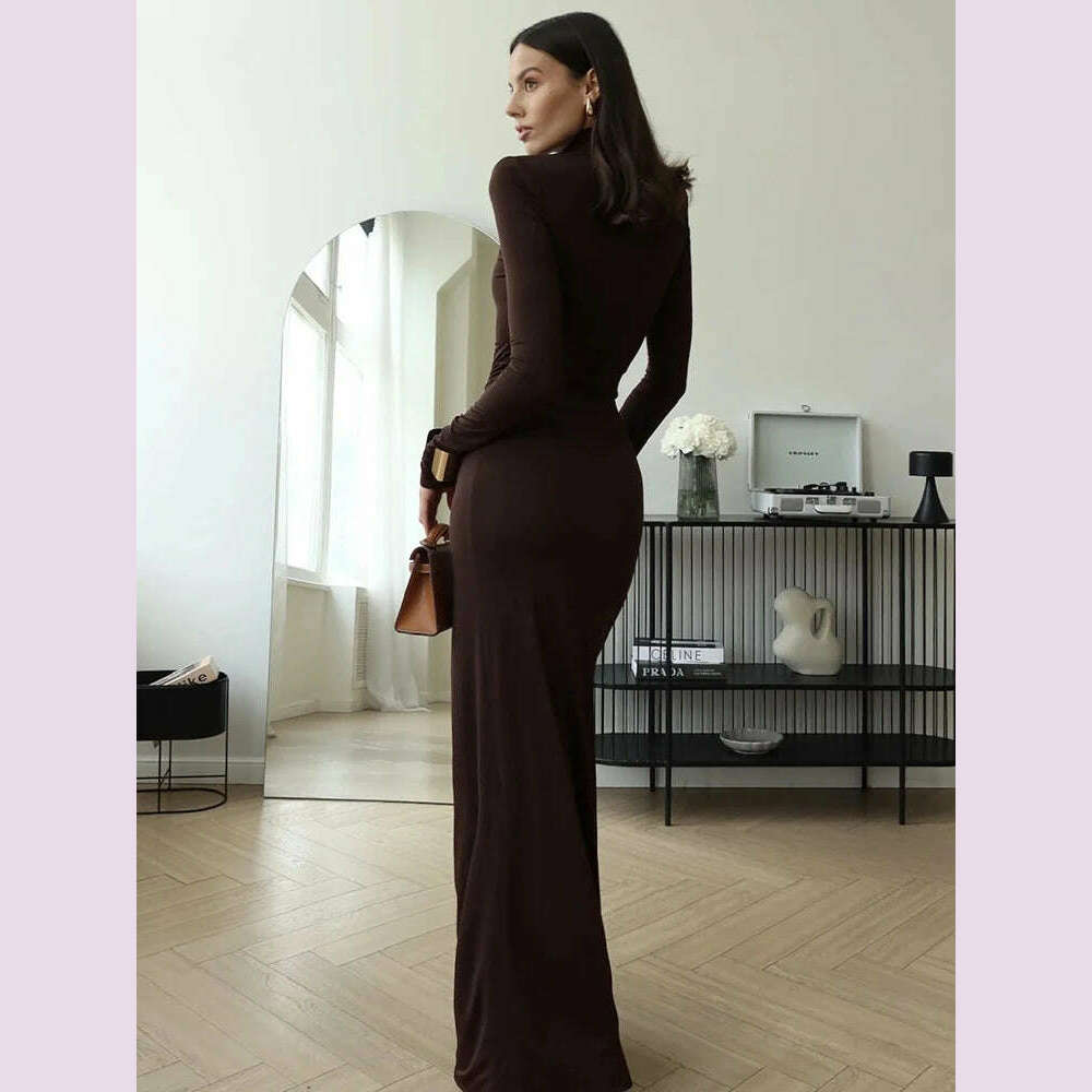 Mozision Turtleneck Thigh High Split Sexy Maxi Dress For Women Fashion Long Sleeve Draped Bandage Bodycon Club Long Dress - KIMLUD