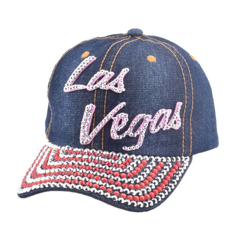 Multi-color Bling Baseball Hats for Women Denim Rhinestone Studded Cap with Texts - KIMLUD