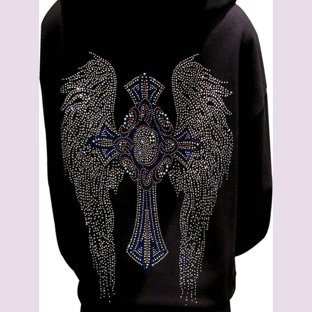 KIMLUD, Multicolor Rhinestone Cross and Angel Wings Black Zipper Hoodie, KIMLUD Womens Clothes