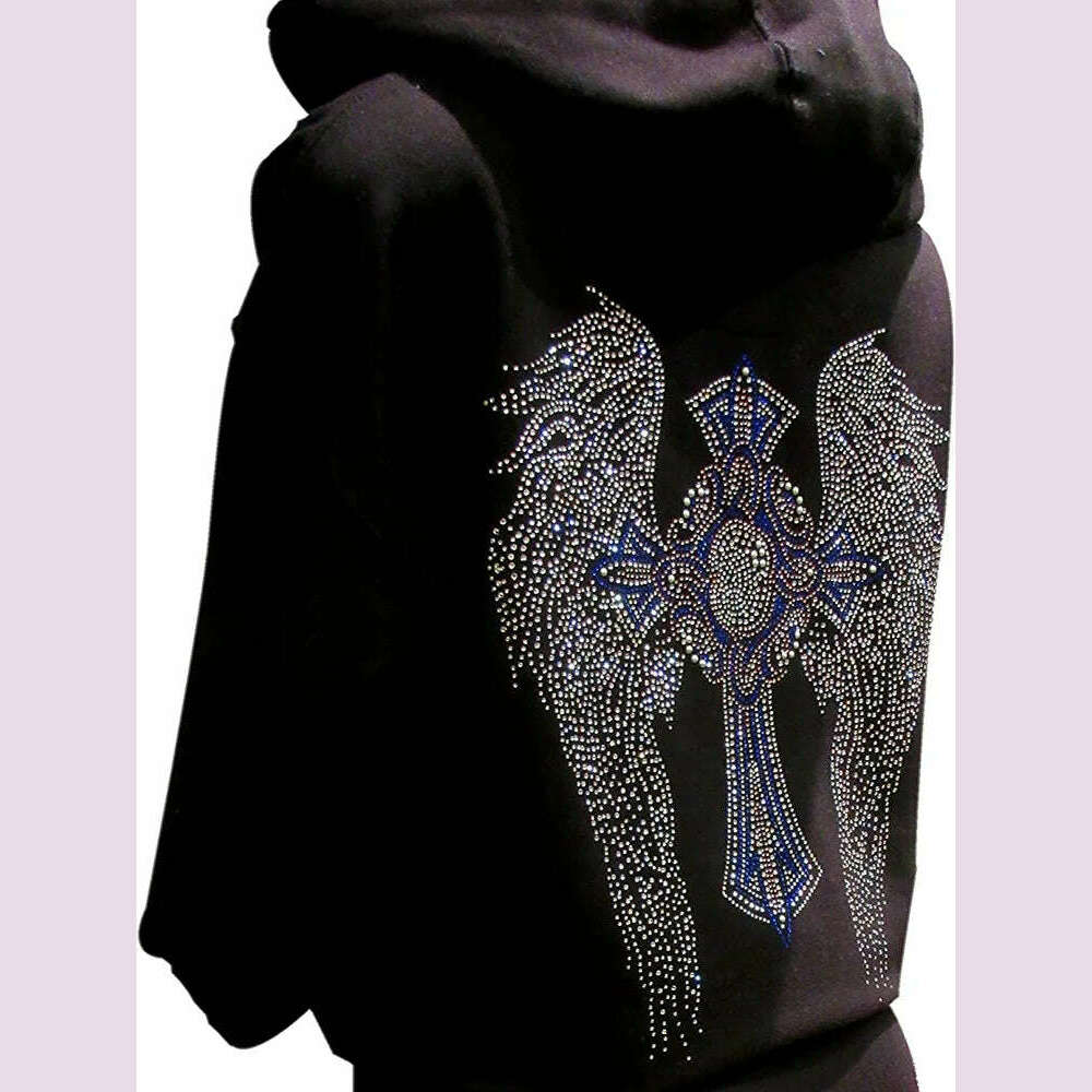 KIMLUD, Multicolor Rhinestone Cross and Angel Wings Black Zipper Hoodie, KIMLUD Womens Clothes