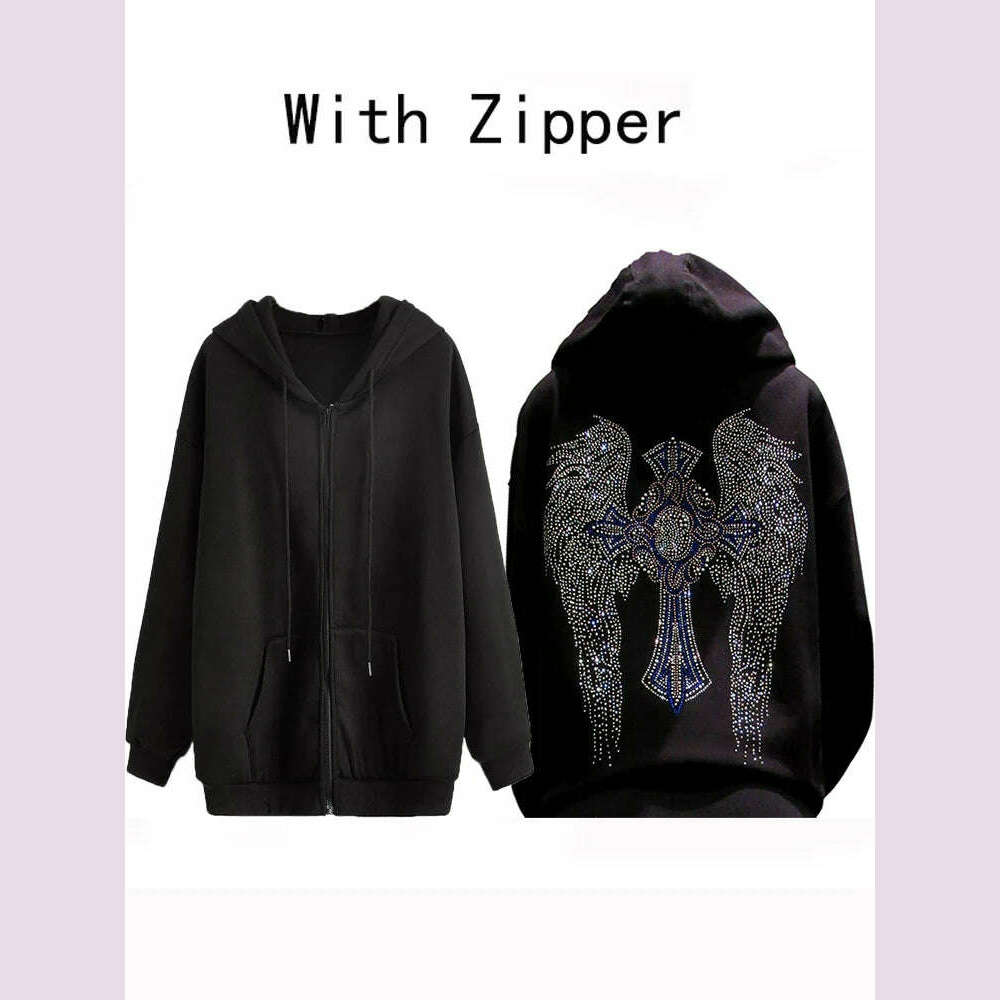 Multicolor Rhinestone Cross and Angel Wings Black Zipper Hoodie - KIMLUD