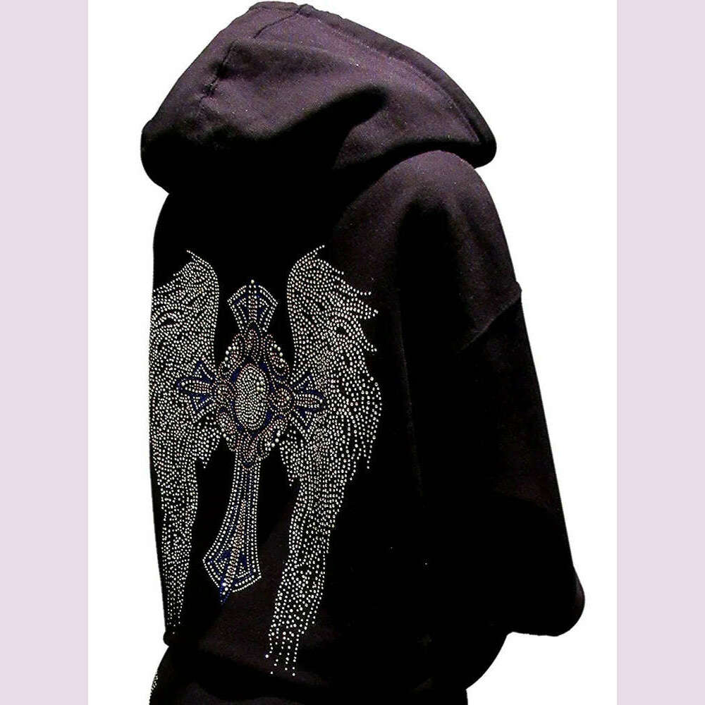 Multicolor Rhinestone Cross and Angel Wings Black Zipper Hoodie - KIMLUD