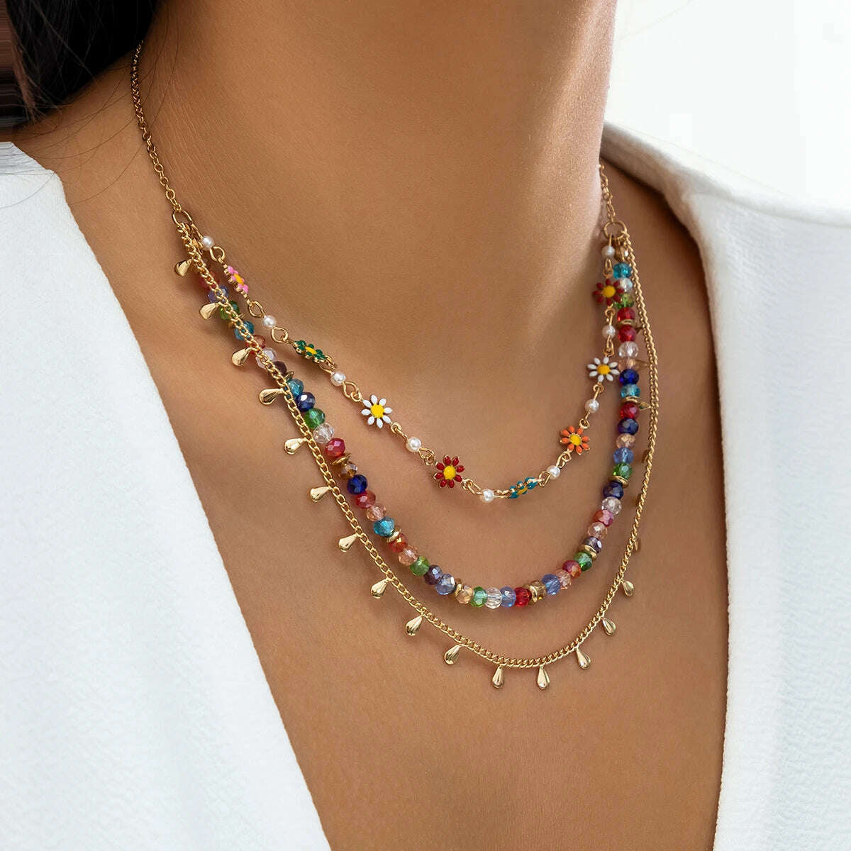 Multilayer Boho Colorful Tiny Flower Tassel Chain Necklace for Women Wed Bridal Korean Fashion Bead Choker Aesthetic Y2K Jewelry - KIMLUD