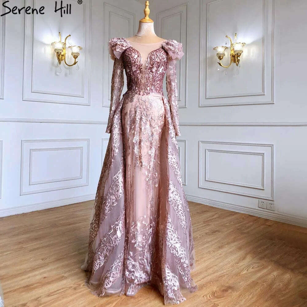 KIMLUD, Muslim Grey Mermaid Evening Dresses Gowns 2023 Serene Hill Lace Beaded Crystal With Overskirt For Woman Party  BLA71172, pink / 18W, KIMLUD APPAREL - Womens Clothes