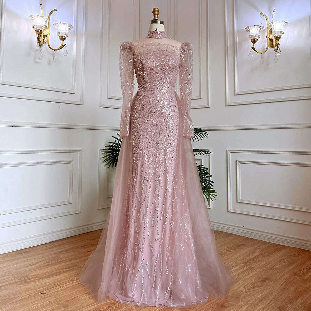 KIMLUD, Muslim Pink Long Sleeve High Neck Luxury Sequine Mermaid Evening Dresses Gowns 2023 Elegant For Women Party BLA71721 Serene Hill, pink / 14, KIMLUD APPAREL - Womens Clothes