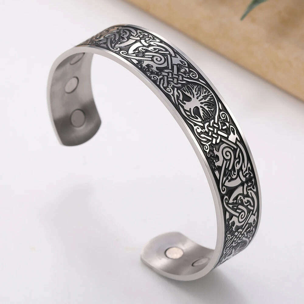 My Shape Viking Cuff Bangles Celtics Knots Tree of Life Stainless Steel Magnetic Bracelets Therapy Health Vintage Male Jewelry - KIMLUD