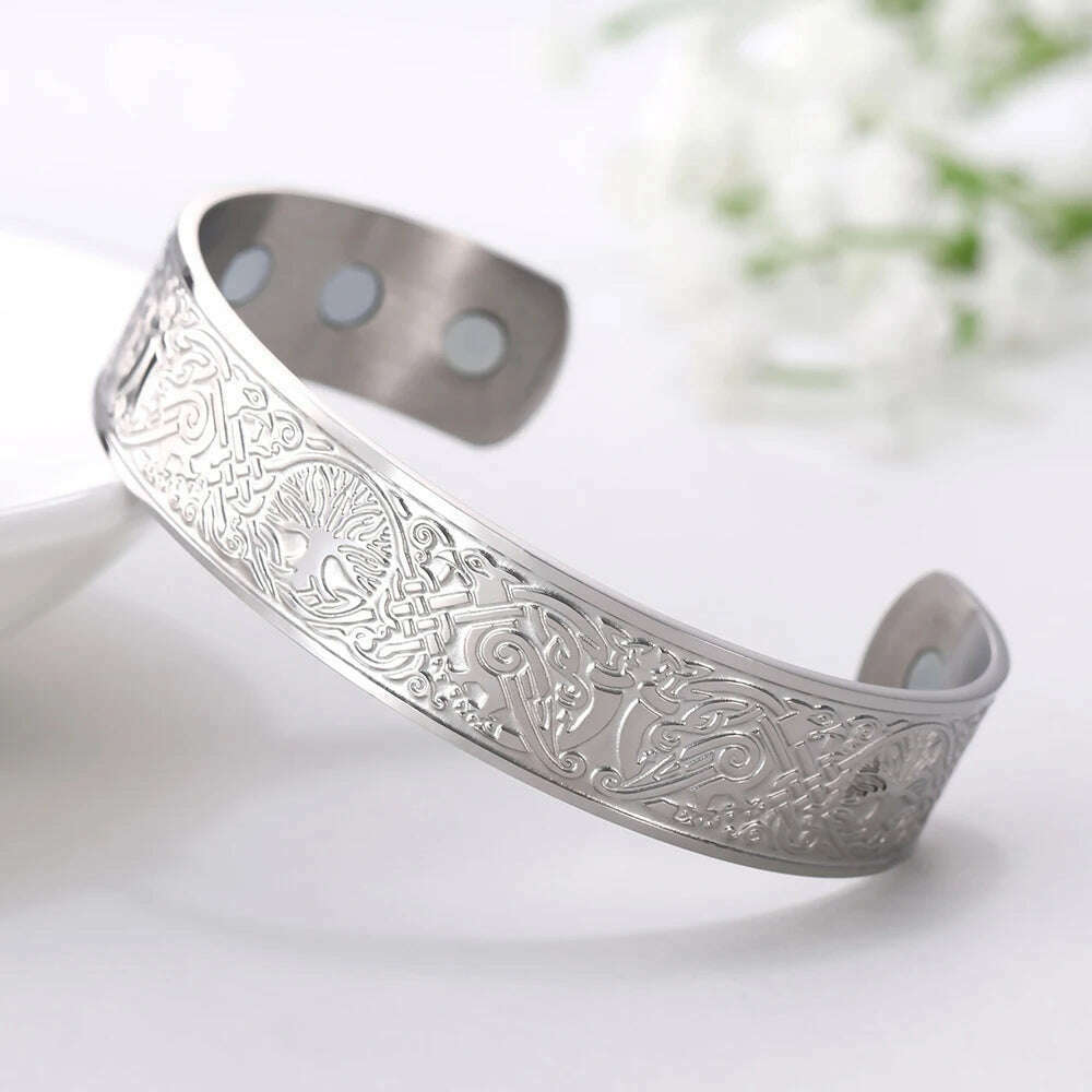 KIMLUD, My Shape Viking Cuff Bangles Celtics Knots Tree of Life Stainless Steel Magnetic Bracelets Therapy Health Vintage Male Jewelry, KIMLUD Womens Clothes