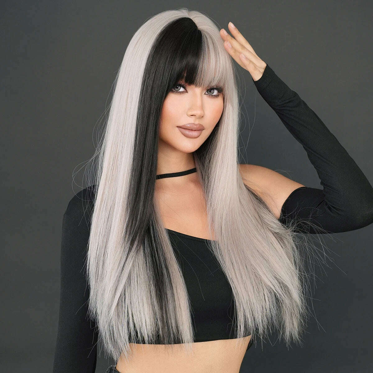 KIMLUD, NAMM Long Body Straight Silver Ash Hair Wig With Bangs For Women Daily Party High Density Hair Ombre Wigs Heat Resistant Fiber, KIMLUD Womens Clothes