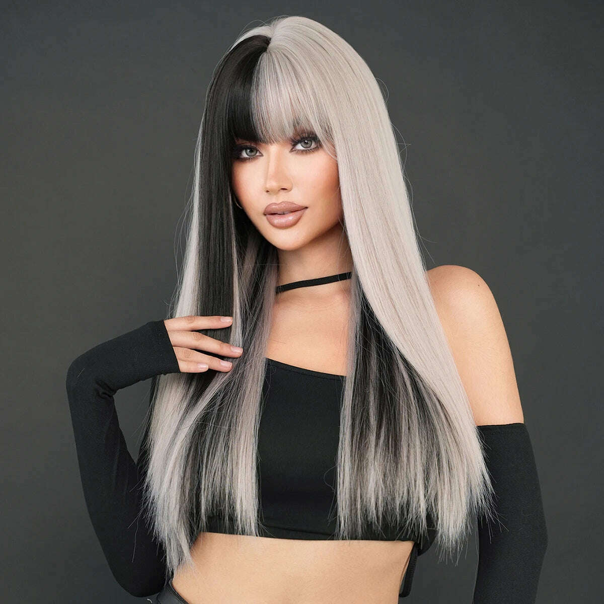 NAMM Long Body Straight Silver Ash Hair Wig With Bangs For Women Daily Party High Density Hair Ombre Wigs Heat Resistant Fiber - KIMLUD