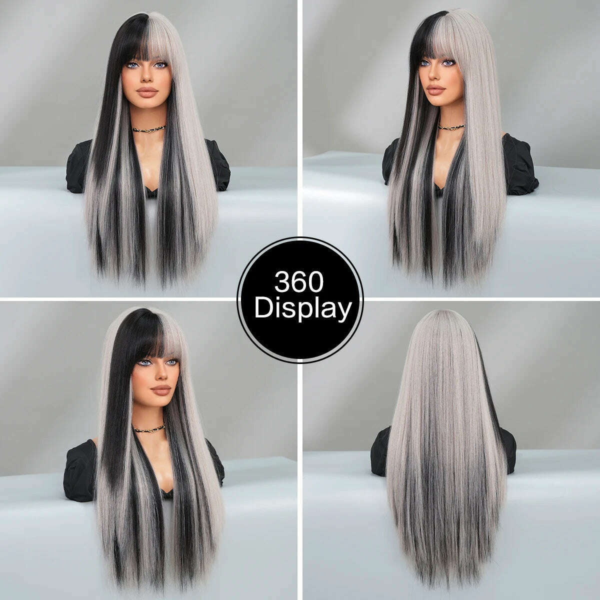 NAMM Long Body Straight Silver Ash Hair Wig With Bangs For Women Daily Party High Density Hair Ombre Wigs Heat Resistant Fiber - KIMLUD