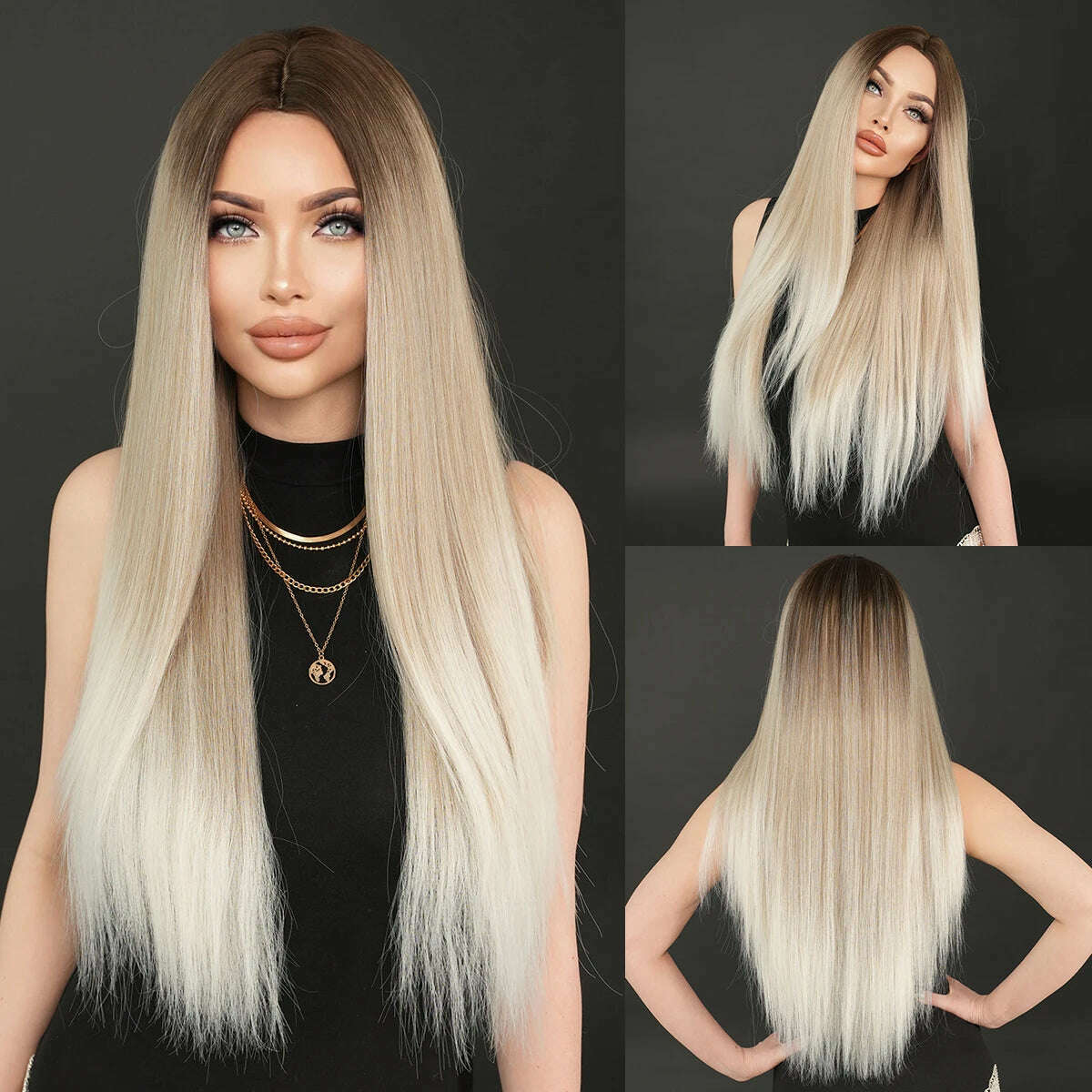 NAMM Long Body Straight Silver Ash Hair Wig With Bangs For Women Daily Party High Density Hair Ombre Wigs Heat Resistant Fiber - KIMLUD