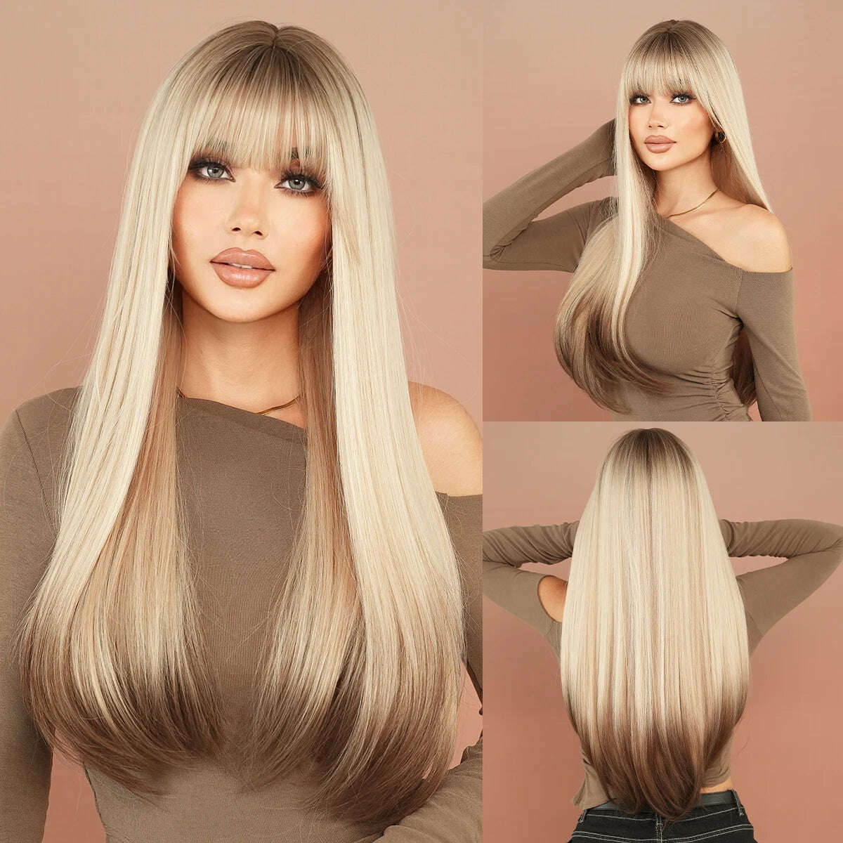 NAMM Long Body Straight Silver Ash Hair Wig With Bangs For Women Daily Party High Density Hair Ombre Wigs Heat Resistant Fiber - KIMLUD