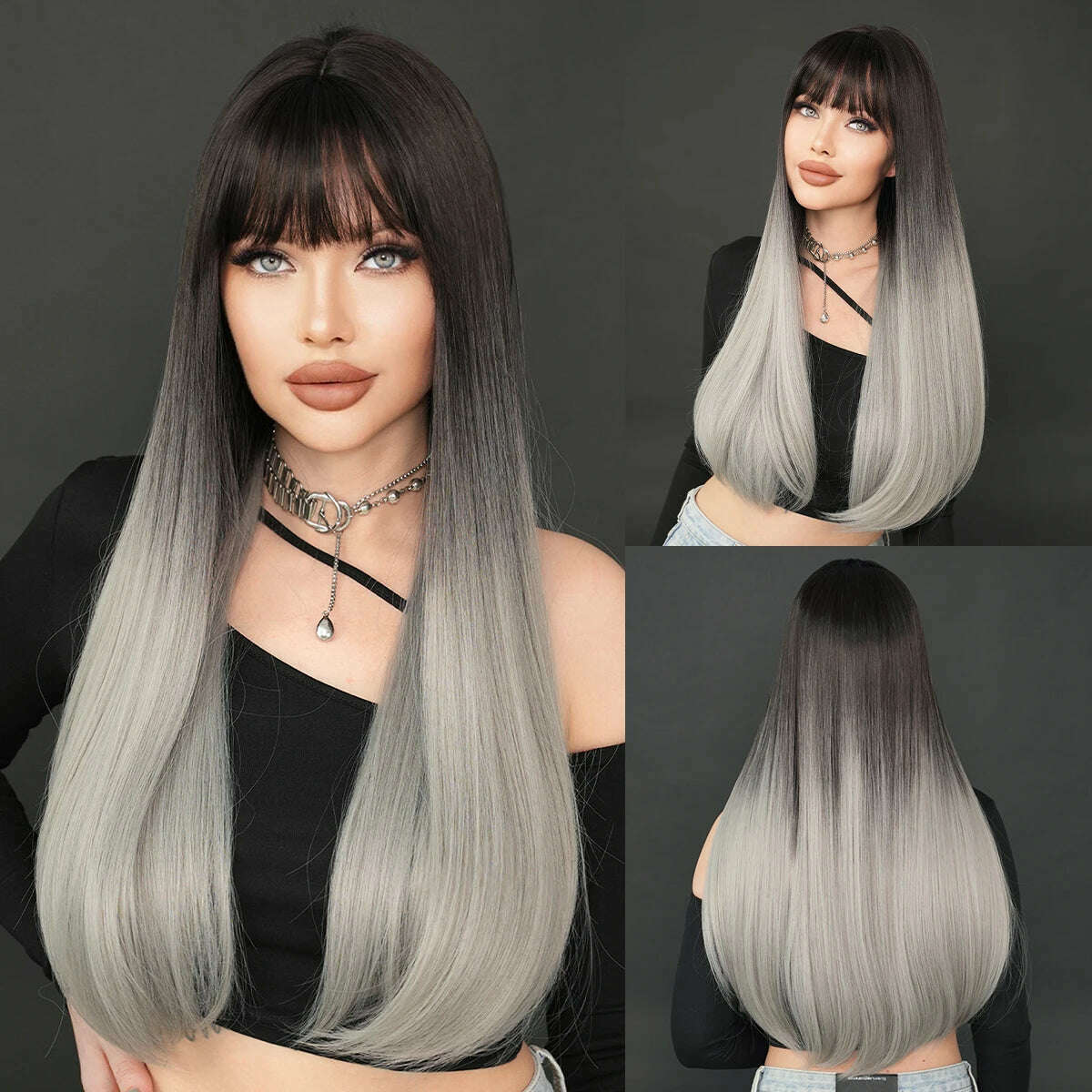 KIMLUD, NAMM Long Body Straight Silver Ash Hair Wig With Bangs For Women Daily Party High Density Hair Ombre Wigs Heat Resistant Fiber, MW9132-3, KIMLUD APPAREL - Womens Clothes