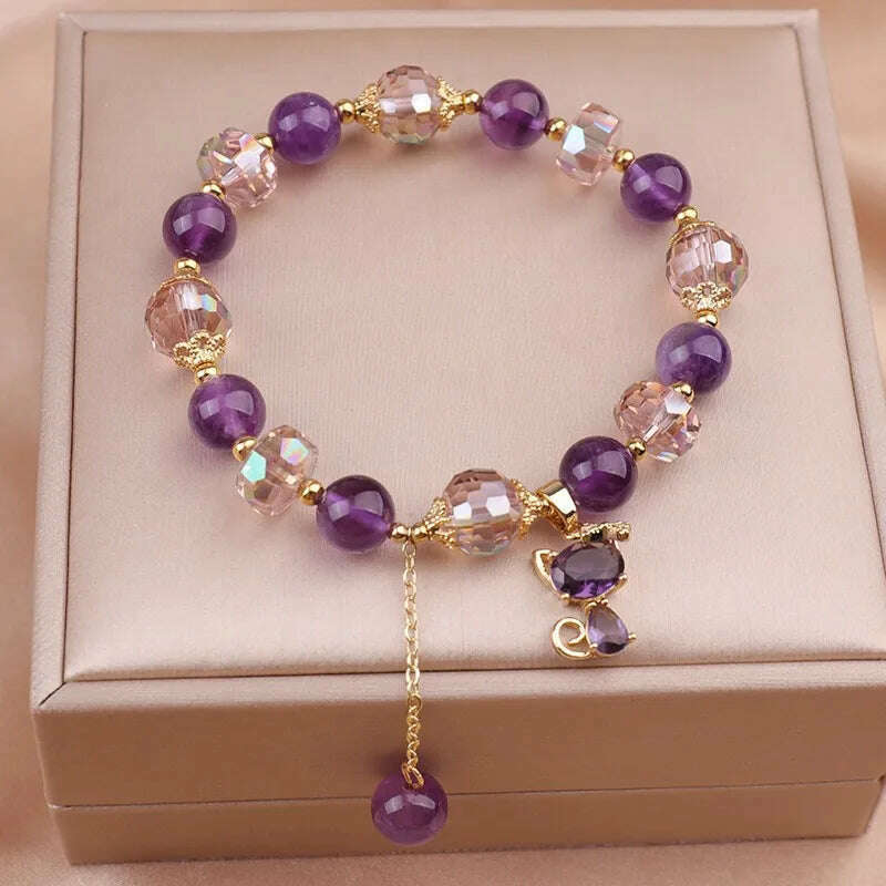 Natural Amethyst Bracelet Women's Light Luxury Wishing Lucky Cat Beaded Pendant Hand Chain Best Friend Bangles Jewelry Gift - KIMLUD