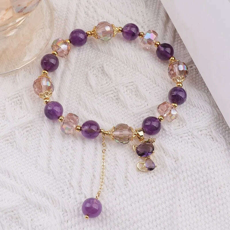 KIMLUD, Natural Amethyst Bracelet  Women's Light Luxury Wishing Lucky Cat Beaded Pendant Hand Chain Best Friend Bangles Jewelry Gift, KIMLUD Womens Clothes