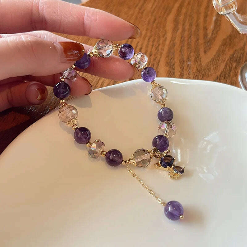 Natural Amethyst Bracelet Women's Light Luxury Wishing Lucky Cat Beaded Pendant Hand Chain Best Friend Bangles Jewelry Gift - KIMLUD