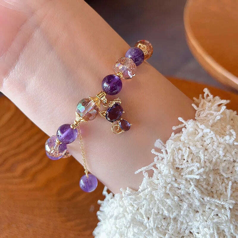 KIMLUD, Natural Amethyst Bracelet  Women's Light Luxury Wishing Lucky Cat Beaded Pendant Hand Chain Best Friend Bangles Jewelry Gift, KIMLUD Womens Clothes