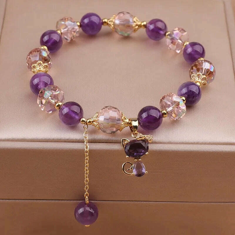 Natural Amethyst Bracelet Women's Light Luxury Wishing Lucky Cat Beaded Pendant Hand Chain Best Friend Bangles Jewelry Gift - KIMLUD