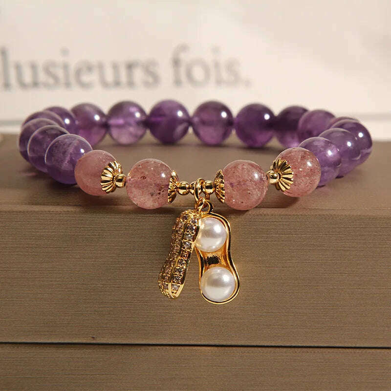 Natural Amethyst Bracelet Women's Light Luxury Wishing Lucky Cat Beaded Pendant Hand Chain Best Friend Bangles Jewelry Gift - KIMLUD