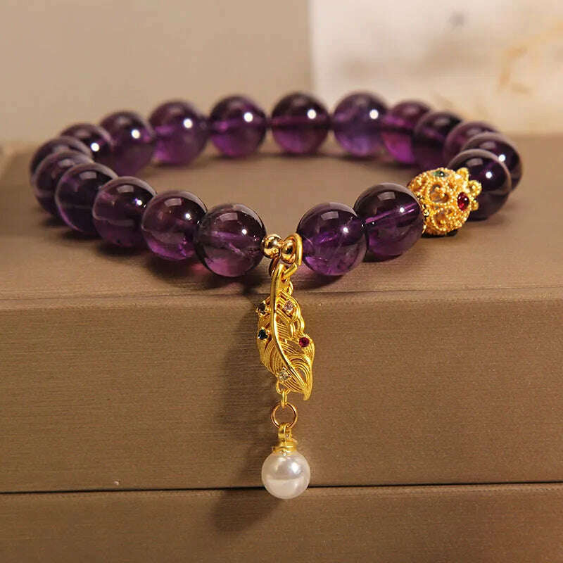 KIMLUD, Natural Amethyst Bracelet  Women's Light Luxury Wishing Lucky Cat Beaded Pendant Hand Chain Best Friend Bangles Jewelry Gift, Purple-3, KIMLUD APPAREL - Womens Clothes