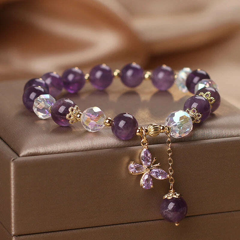 KIMLUD, Natural Amethyst Bracelet  Women's Light Luxury Wishing Lucky Cat Beaded Pendant Hand Chain Best Friend Bangles Jewelry Gift, Purple-4, KIMLUD APPAREL - Womens Clothes