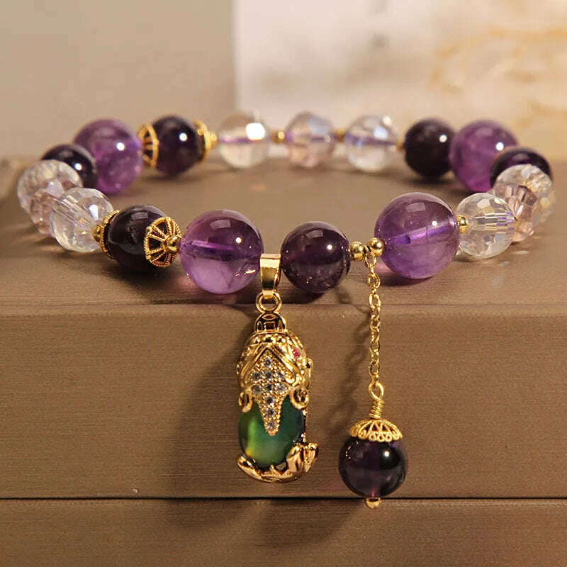 Natural Amethyst Bracelet Women's Light Luxury Wishing Lucky Cat Beaded Pendant Hand Chain Best Friend Bangles Jewelry Gift - KIMLUD