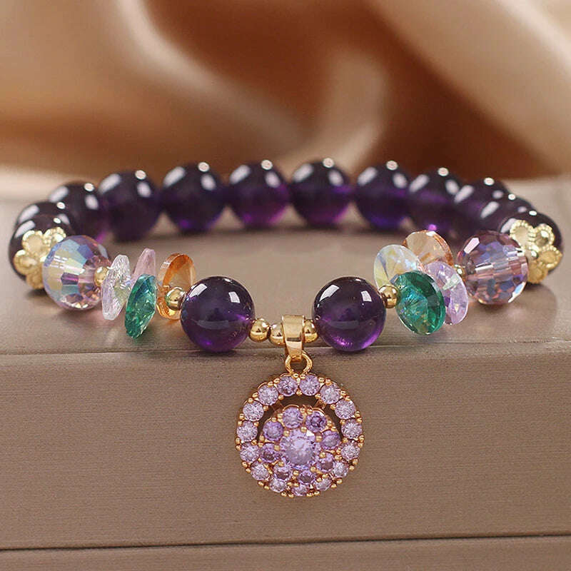 KIMLUD, Natural Amethyst Bracelet  Women's Light Luxury Wishing Lucky Cat Beaded Pendant Hand Chain Best Friend Bangles Jewelry Gift, Purple-10, KIMLUD APPAREL - Womens Clothes