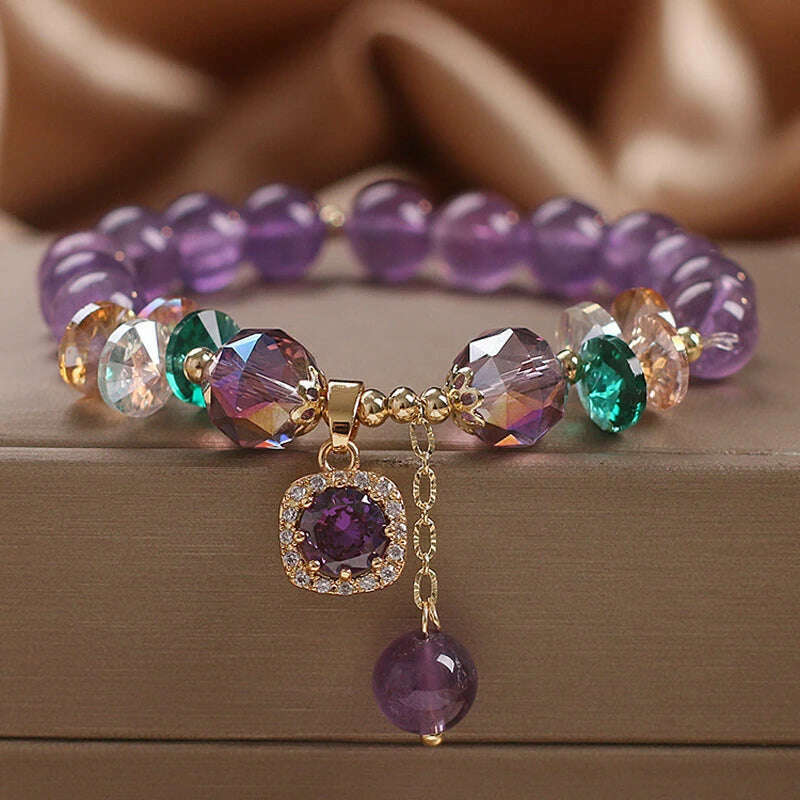 Natural Amethyst Bracelet Women's Light Luxury Wishing Lucky Cat Beaded Pendant Hand Chain Best Friend Bangles Jewelry Gift - KIMLUD