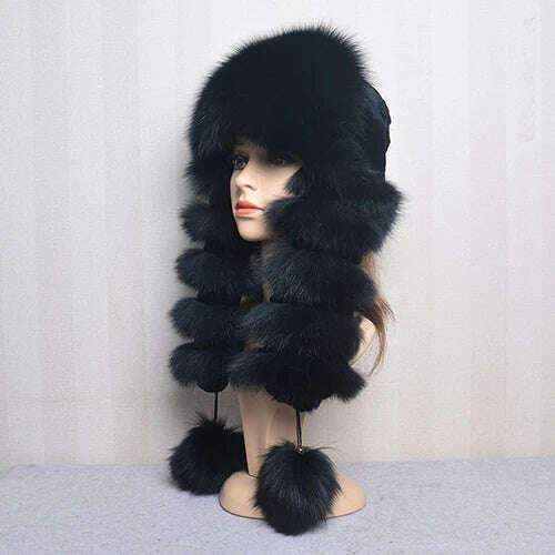 KIMLUD, Natural Fox Fur Russian Hat Ushanka Women Winter Warm Fluffy Popular Style Female Tail Cap Fashion Real Fur Hats, black / Adjustable(55-60cm), KIMLUD APPAREL - Womens Clothes