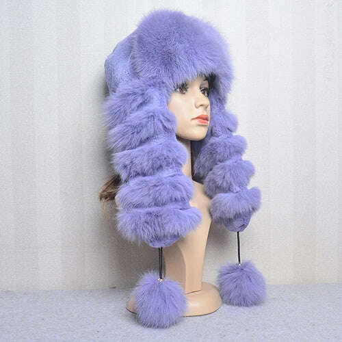 KIMLUD, Natural Fox Fur Russian Hat Ushanka Women Winter Warm Fluffy Popular Style Female Tail Cap Fashion Real Fur Hats, blue / Adjustable(55-60cm), KIMLUD APPAREL - Womens Clothes