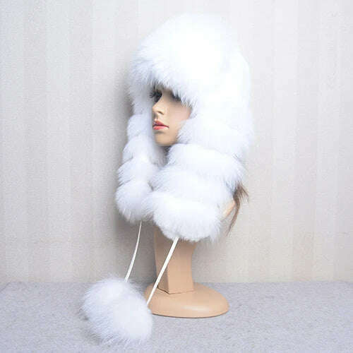 KIMLUD, Natural Fox Fur Russian Hat Ushanka Women Winter Warm Fluffy Popular Style Female Tail Cap Fashion Real Fur Hats, white / Adjustable(55-60cm), KIMLUD APPAREL - Womens Clothes