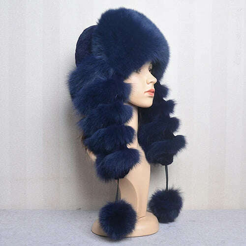 KIMLUD, Natural Fox Fur Russian Hat Ushanka Women Winter Warm Fluffy Popular Style Female Tail Cap Fashion Real Fur Hats, dark blue / Adjustable(55-60cm), KIMLUD APPAREL - Womens Clothes