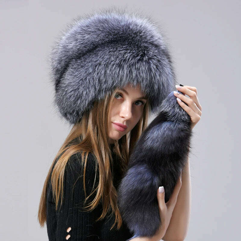 KIMLUD, Natural Fox Fur Russian Hat Ushanka Women Winter Warm Fluffy Popular Style Female Tail Cap Fashion Real Fur Hats, KIMLUD Womens Clothes