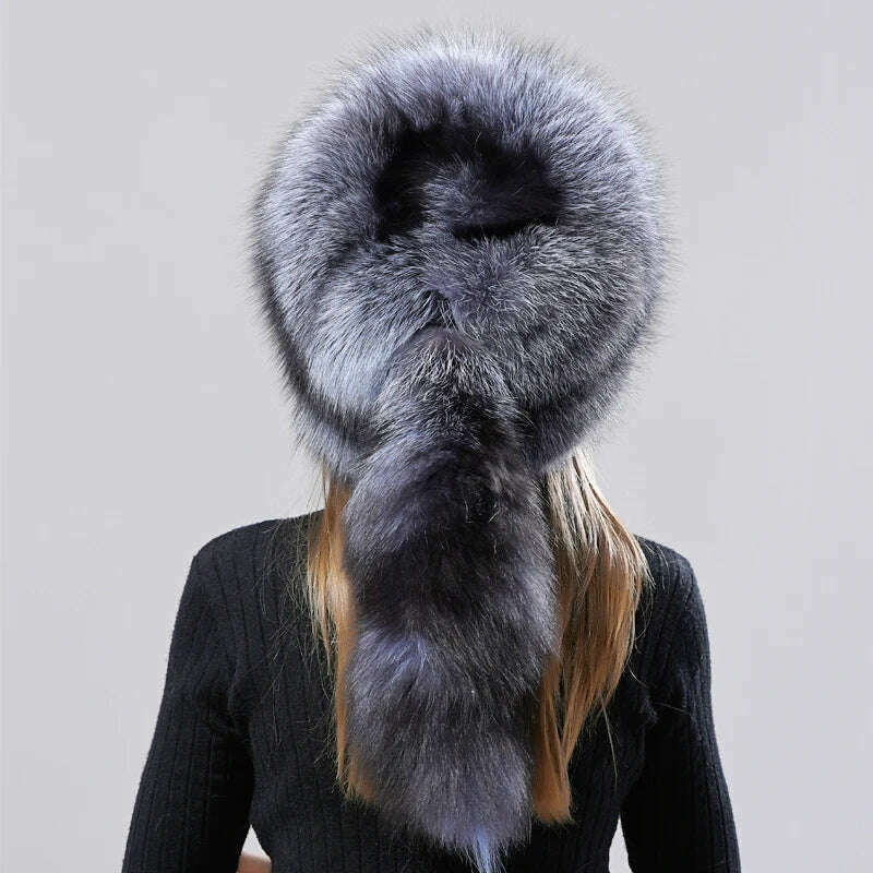 KIMLUD, Natural Fox Fur Russian Hat Ushanka Women Winter Warm Fluffy Popular Style Female Tail Cap Fashion Real Fur Hats, KIMLUD Womens Clothes