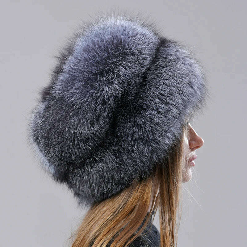 KIMLUD, Natural Fox Fur Russian Hat Ushanka Women Winter Warm Fluffy Popular Style Female Tail Cap Fashion Real Fur Hats, KIMLUD Womens Clothes