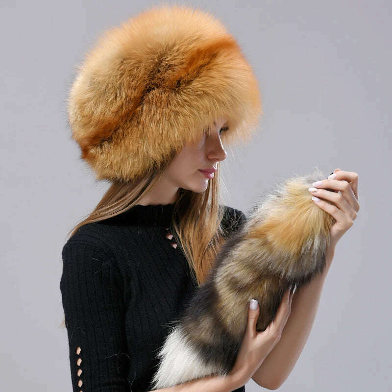 KIMLUD, Natural Fox Fur Russian Hat Ushanka Women Winter Warm Fluffy Popular Style Female Tail Cap Fashion Real Fur Hats, KIMLUD Womens Clothes