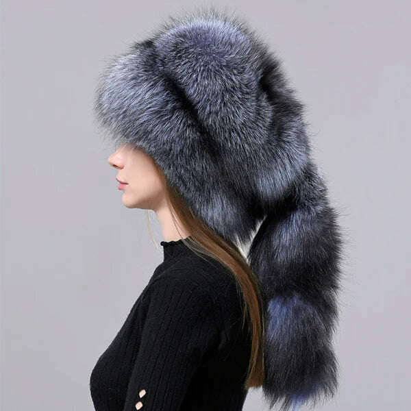 KIMLUD, Natural Fox Fur Russian Hat Ushanka Women Winter Warm Fluffy Popular Style Female Tail Cap Fashion Real Fur Hats, Fox1 / One Size, KIMLUD APPAREL - Womens Clothes