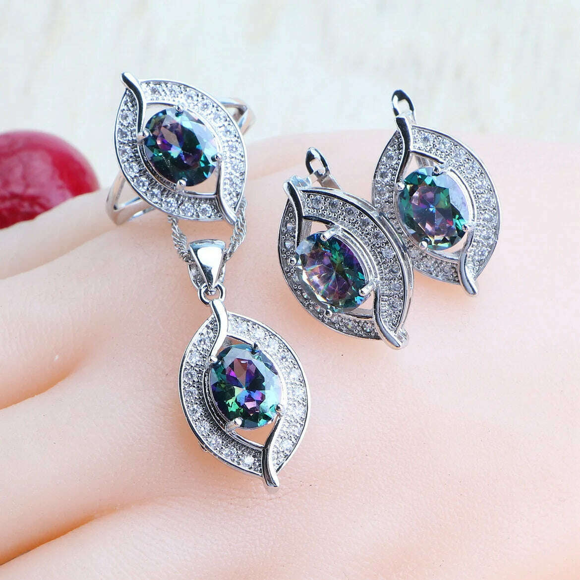 KIMLUD, Natural Magic Rainbow Zirconia Jewelry Sets 925 Silver Wedding For Women Rings Pendant Necklace Earrings Bracelets Bridal Set, 3PCS-Rainbow / 7, KIMLUD APPAREL - Womens Clothes