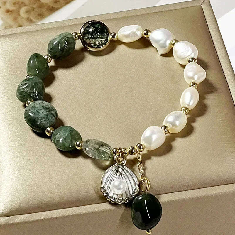 KIMLUD, Natural Pearl Bracelet Green Crystal Original Design Women's Korean  Bangles Student Friend Birthday Jewelry Handpiece, KIMLUD Womens Clothes