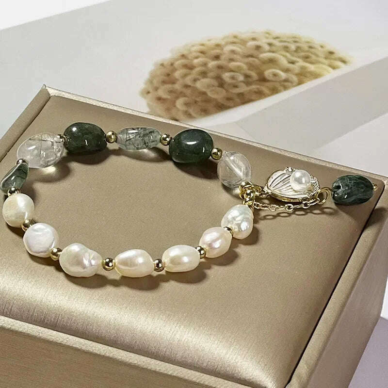 KIMLUD, Natural Pearl Bracelet Green Crystal Original Design Women's Korean  Bangles Student Friend Birthday Jewelry Handpiece, KIMLUD Womens Clothes