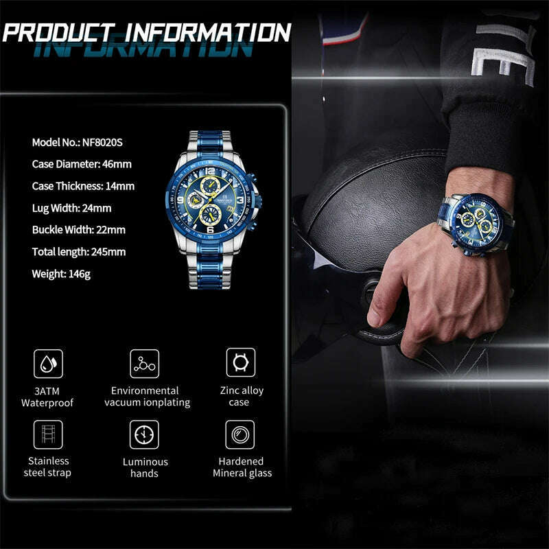 KIMLUD, NAVIFORCE Fashion Big Face Watch for Men High Quality Stainless Steel Luxury Wrist Watch Waterproof Luminous Clock Reloj Hombre, KIMLUD Womens Clothes