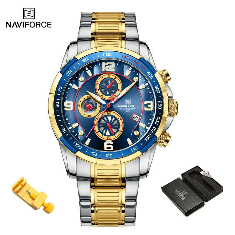 KIMLUD, NAVIFORCE Fashion Big Face Watch for Men High Quality Stainless Steel Luxury Wrist Watch Waterproof Luminous Clock Reloj Hombre, GBE-BOX, KIMLUD APPAREL - Womens Clothes