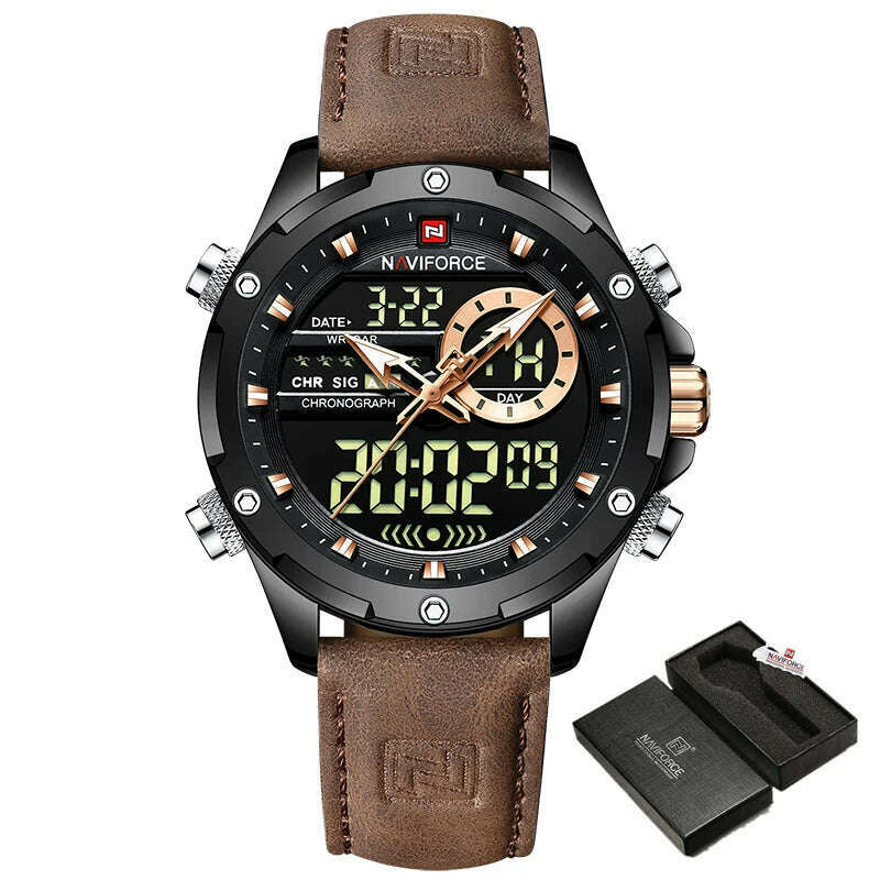 NAVIFORCE Military Watches for Men Fashion Sport Chronograph Alarm Wristwatch Waterproof Quartz Big Clock Digital Male Watch - KIMLUD