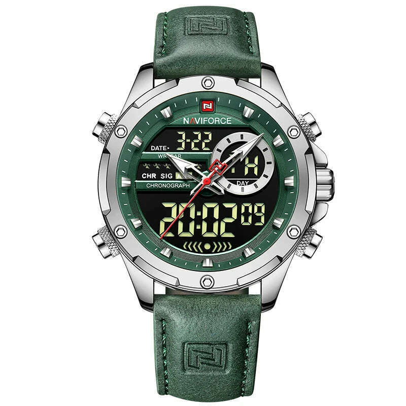 KIMLUD, NAVIFORCE Military Watches for Men Fashion Sport Chronograph Alarm Wristwatch Waterproof Quartz Big Clock Digital Male Watch, Silver Green, KIMLUD APPAREL - Womens Clothes