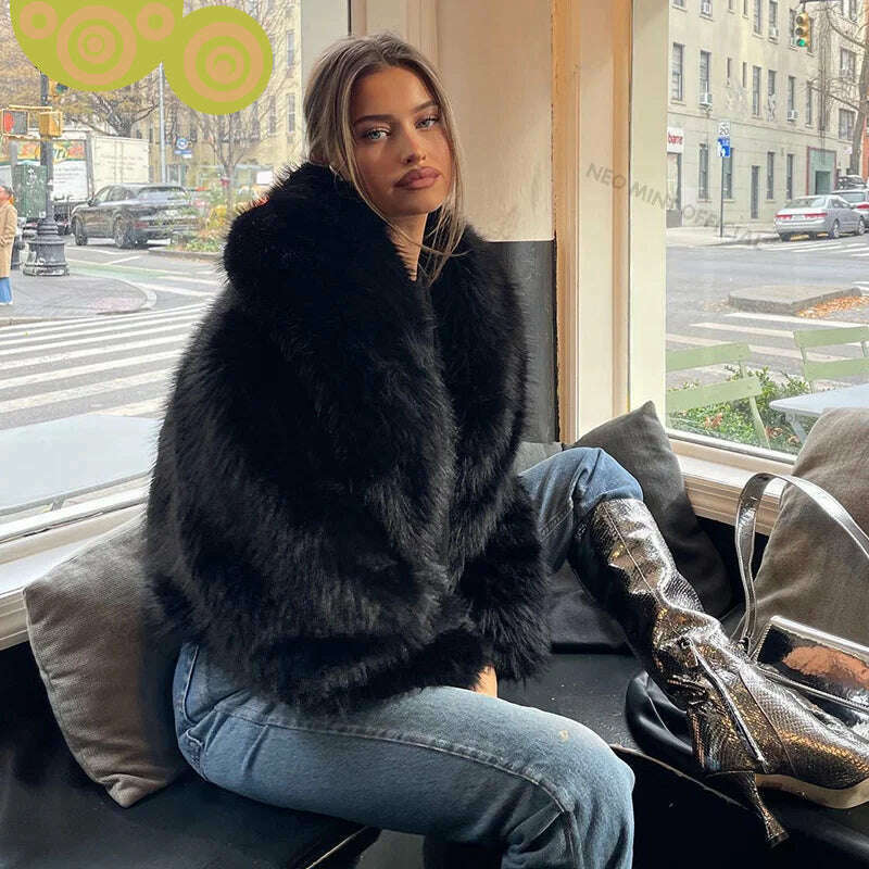 KIMLUD, Neo Mint Street Fashion Shawl Collar Faux Fox Fur Coat Women 2024 Winter Cool Girls Black Short Fur Jacket Vintage Chic Overcoat, KIMLUD Womens Clothes