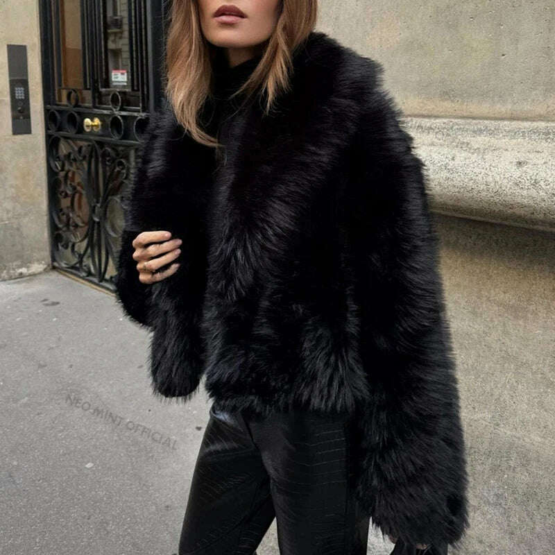 KIMLUD, Neo Mint Street Fashion Shawl Collar Faux Fox Fur Coat Women 2024 Winter Cool Girls Black Short Fur Jacket Vintage Chic Overcoat, KIMLUD Womens Clothes