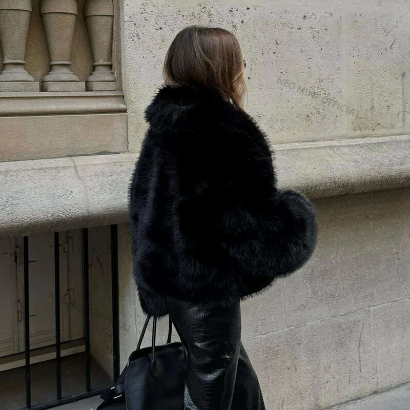 KIMLUD, Neo Mint Street Fashion Shawl Collar Faux Fox Fur Coat Women 2024 Winter Cool Girls Black Short Fur Jacket Vintage Chic Overcoat, KIMLUD Womens Clothes