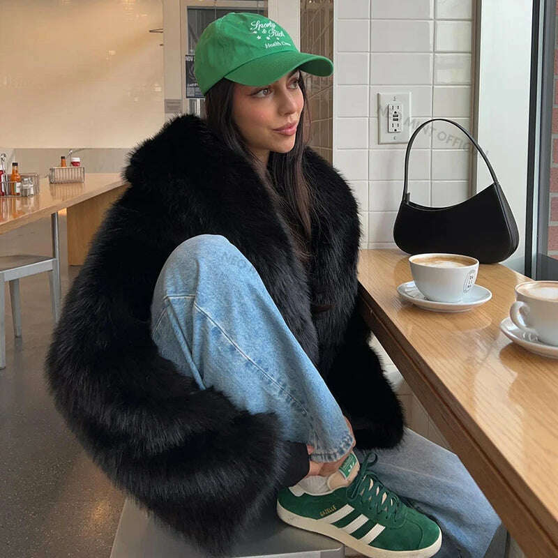 KIMLUD, Neo Mint Street Fashion Shawl Collar Faux Fox Fur Coat Women 2024 Winter Cool Girls Black Short Fur Jacket Vintage Chic Overcoat, KIMLUD Womens Clothes