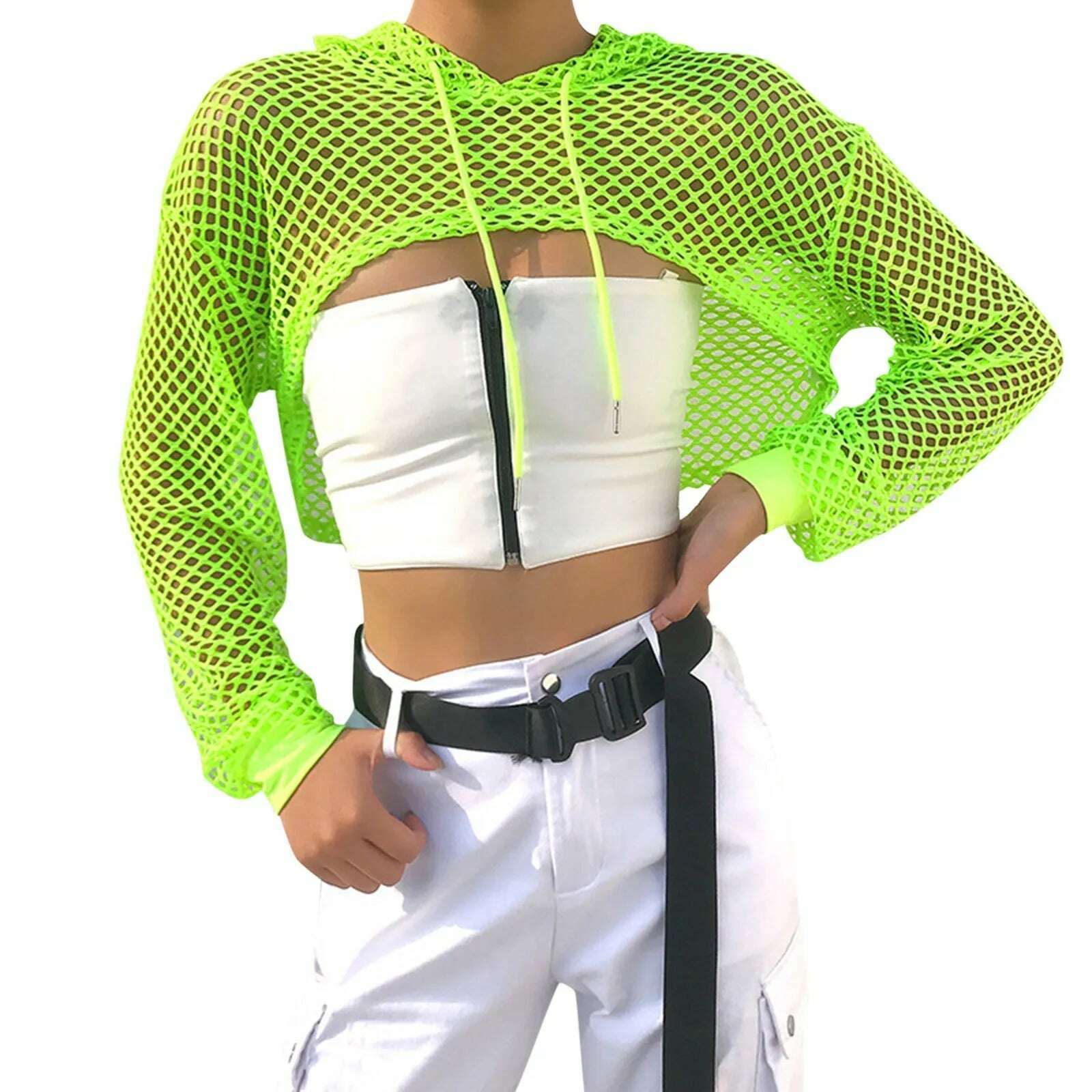 KIMLUD, Neon Green Mesh Fishnet Crop Top Women Perspective Smock Long Sleeve Sweatshirt  Women's T-shirts Sexy Cropped Shirt Streetwear, KIMLUD Womens Clothes